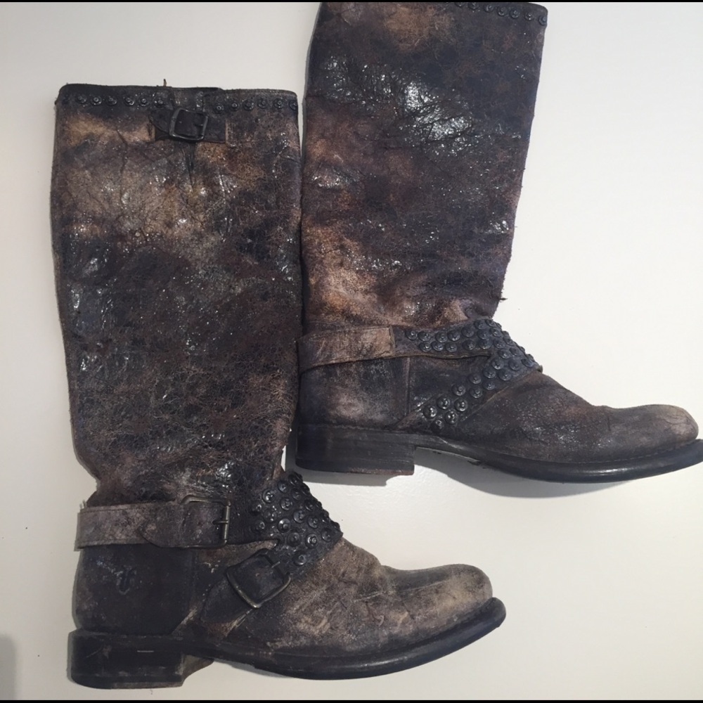 Frye Brown Studded Harness Tall Combat Boot - Picture 3 of 4